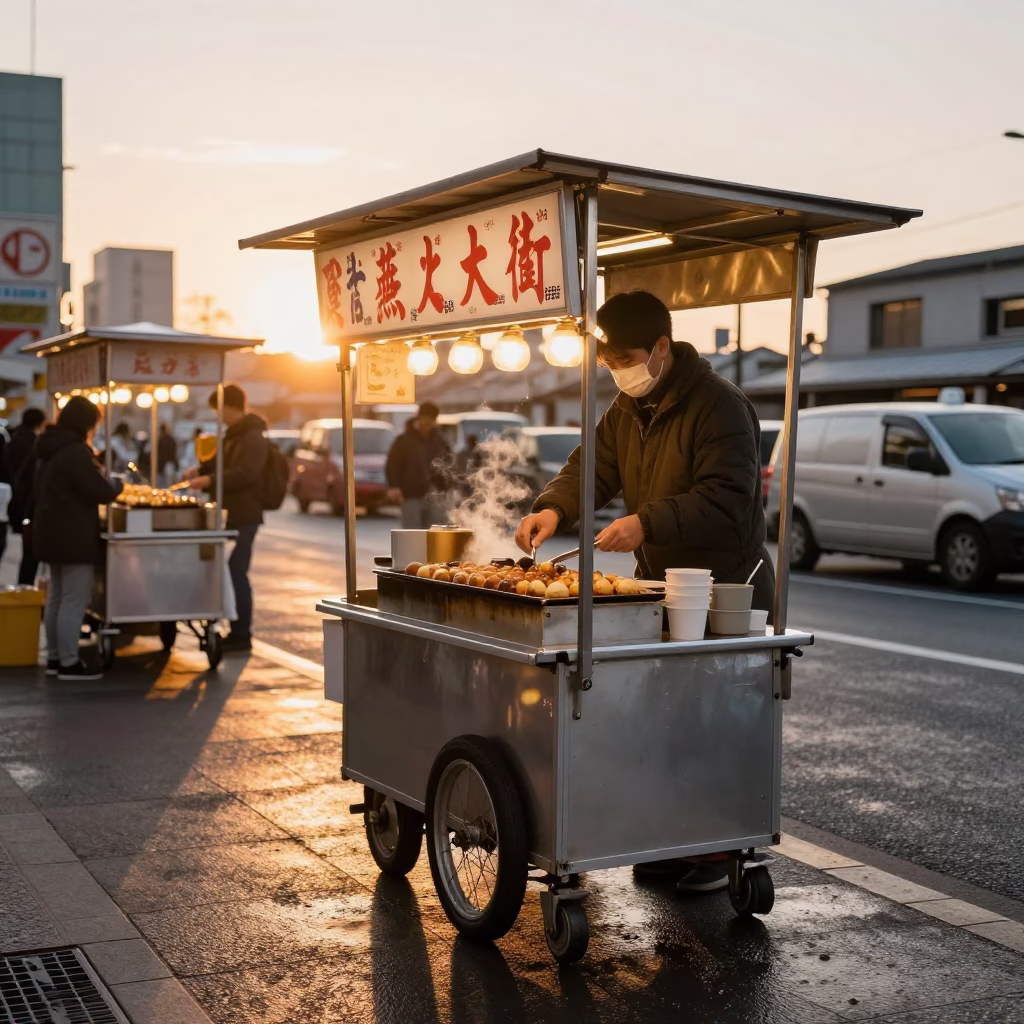 Osaka Street Food Stall at Sunset with Tin Box and Trivet in in Osaka, Japan