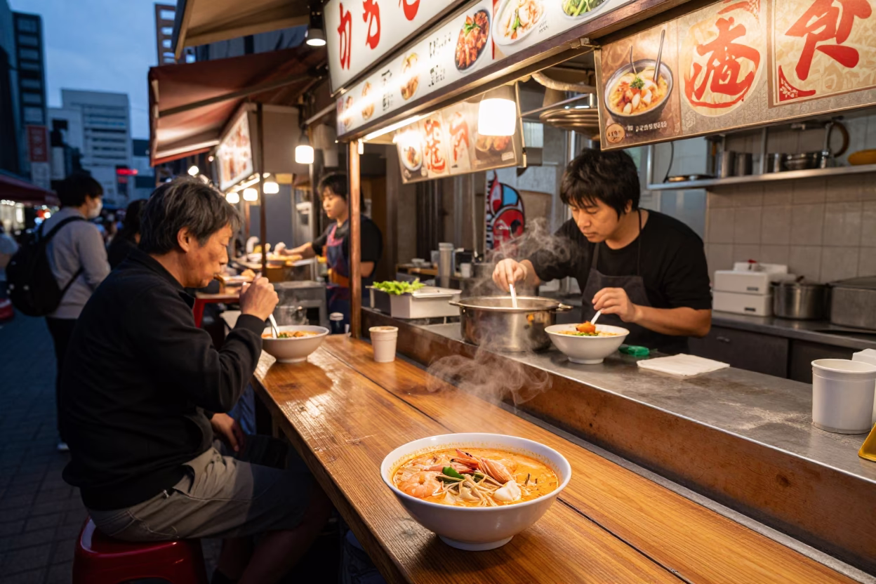 Osaka Street Food Stall Dusk Scene with Laksa and Grilled Halloumi in in Osaka, Japan