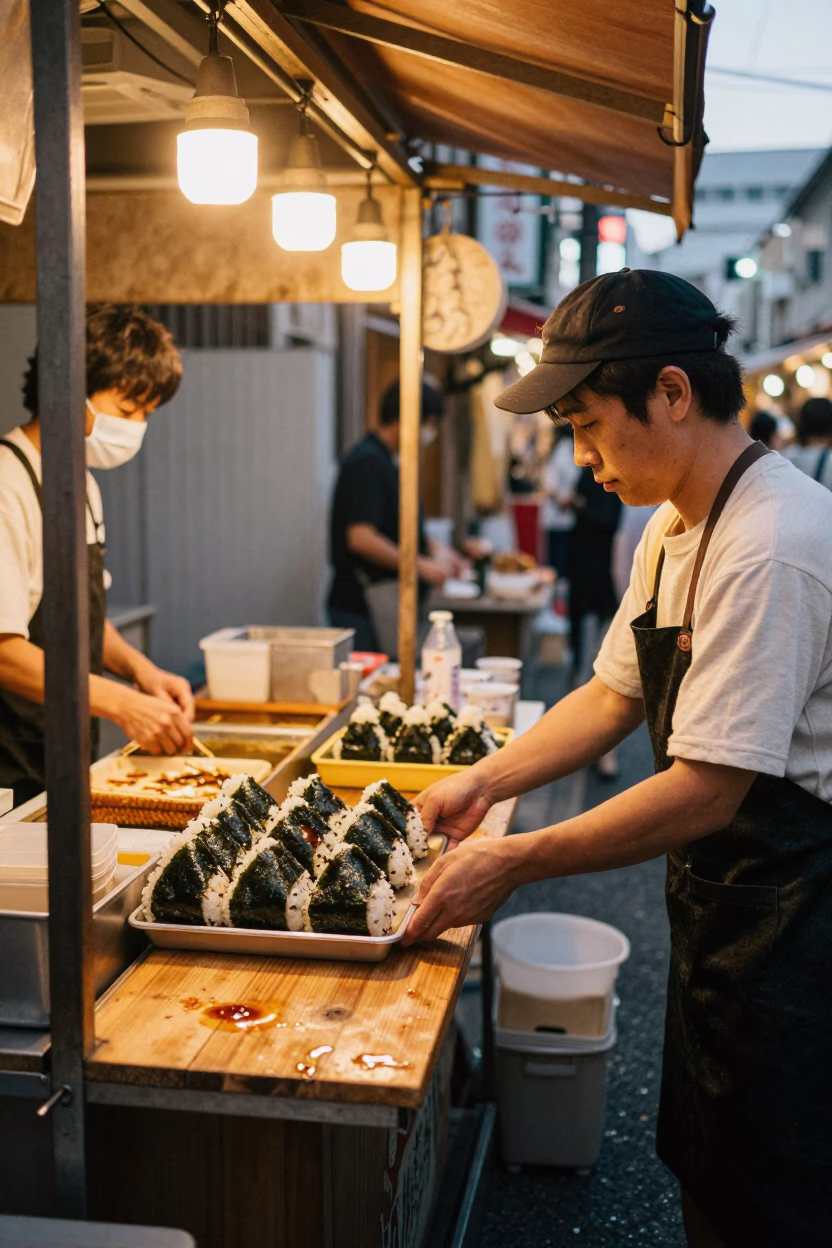 Osaka Street Food Stall Evening Scene with Tray of Onigiri and Local Diners in in Osaka, Japan