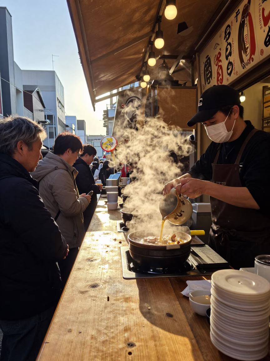 Osaka Street Food Stall with Ceramic Pitcher in Late Afternoon Sun in in Osaka, Japan
