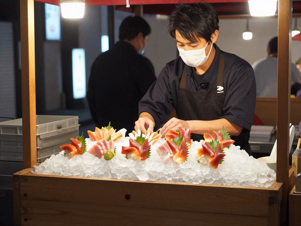 Osaka Street Food Vendor Serving Fresh Sashimi on Ice at Dusk with City Lights in in Osaka, Japan