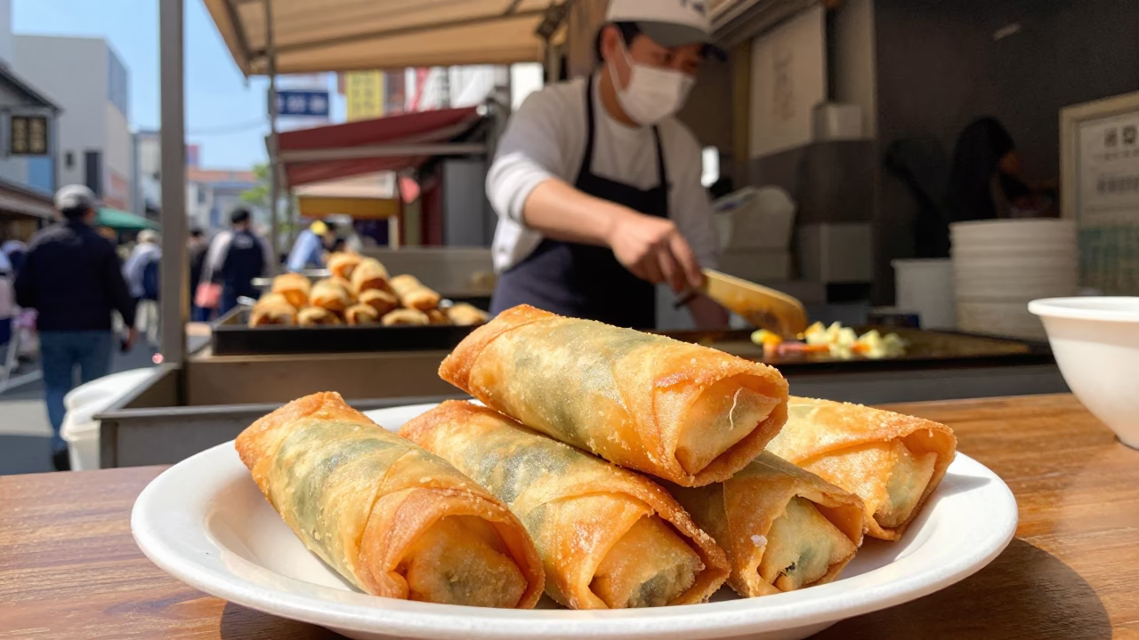 Osaka Street Food Vendor Serving Lumpia Spring Rolls in Bright Midmorning Light in in Osaka, Japan