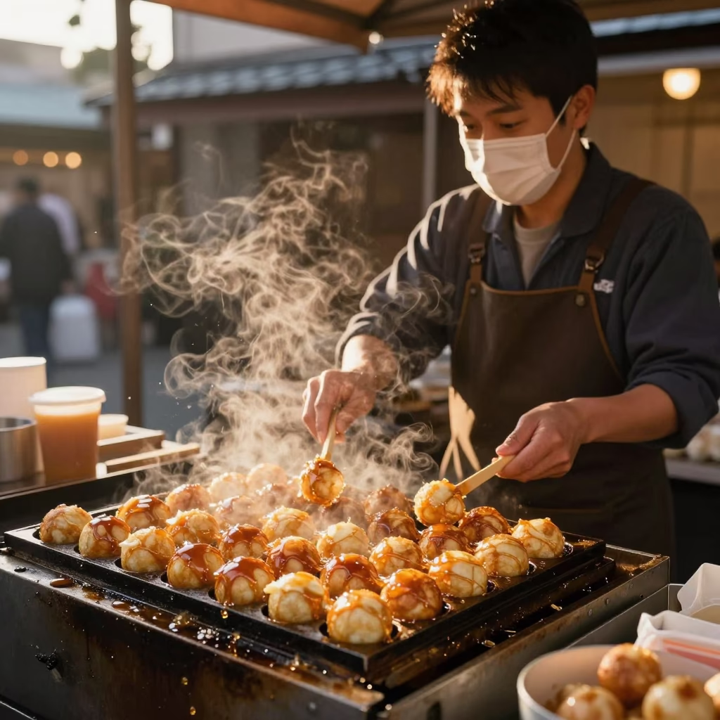 Osaka Street Food Vendor Serving Takoyaki in Golden Evening Light in in Osaka, Japan