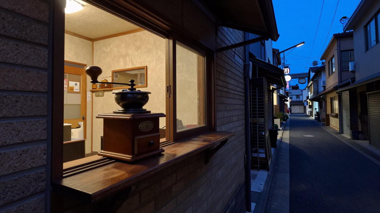 Osaka Street Scene at Dusk with Coffee Grinder and Tray of Palmiers in in Osaka, Japan