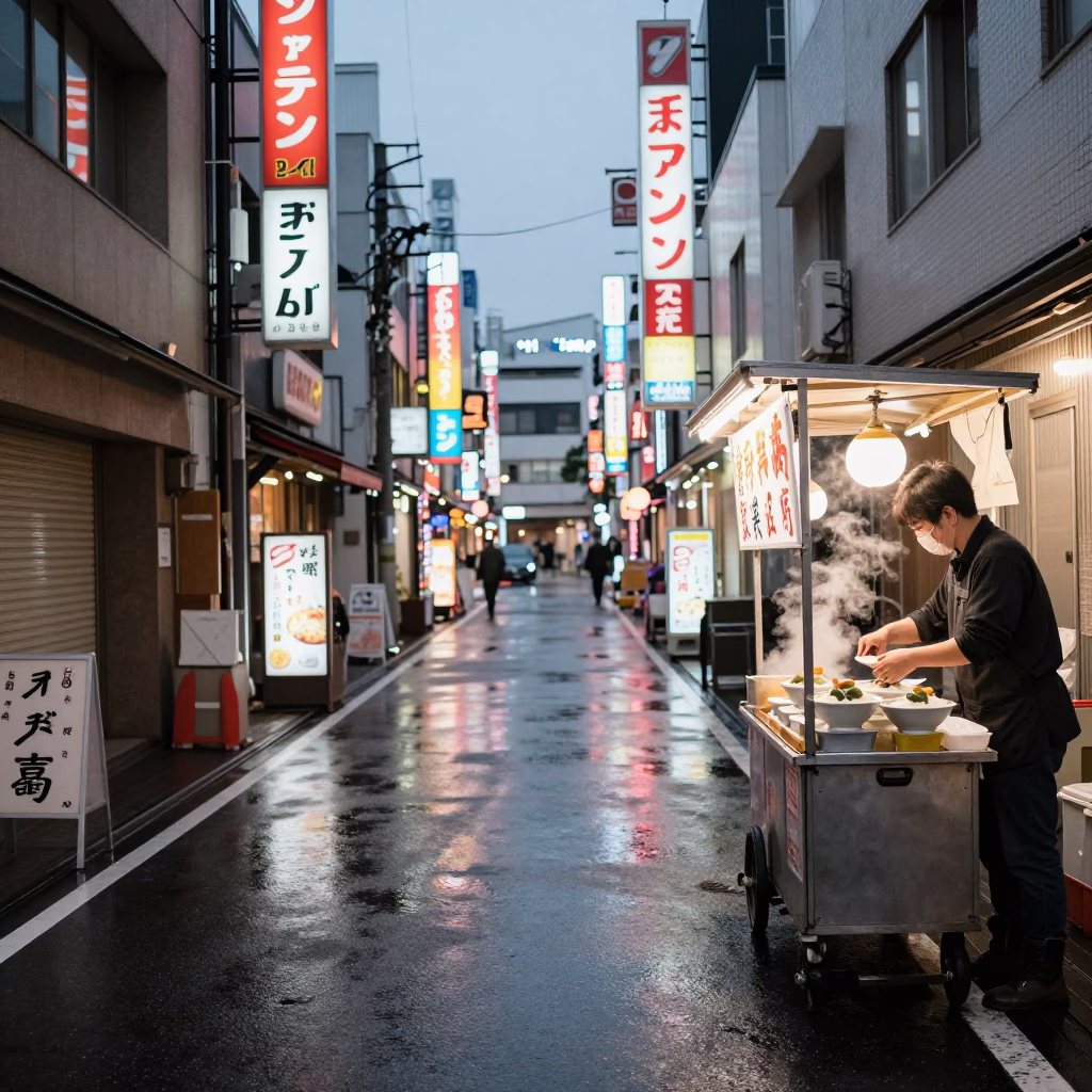 Osaka Street Scene at Dusk with Neon Reflections and Local Dining in in Osaka, Japan