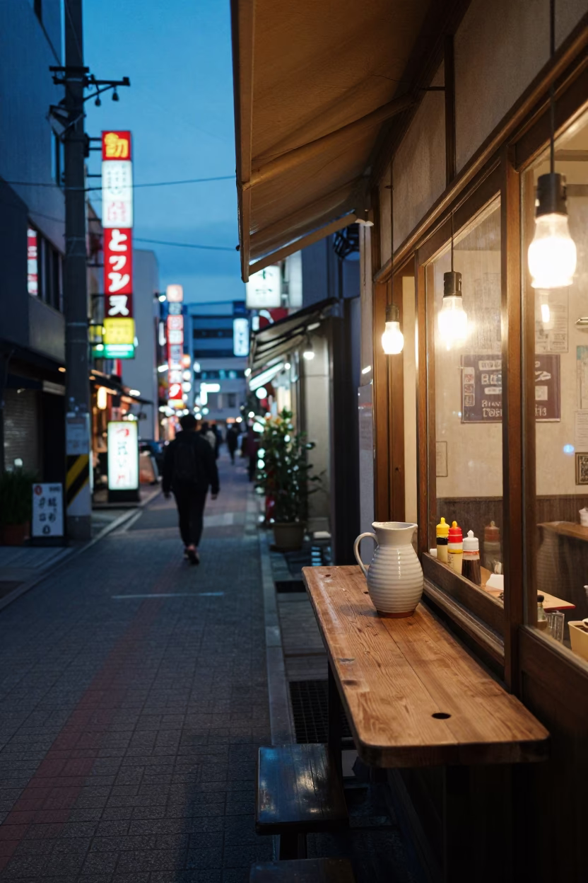 Osaka Street Scene at Dusk with Neon Signs and Ceramic Pitcher on Table in in Osaka, Japan