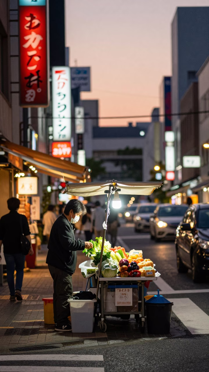 Osaka Street Scene at Dusk with Vendor and Neon Lights in in Osaka, Japan