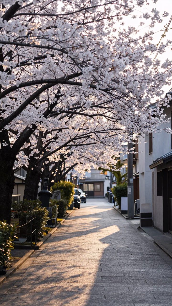 Osaka Street Scene at First Light with Cherry Blossom Canopy and Traditional Architecture in in Osaka, Japan