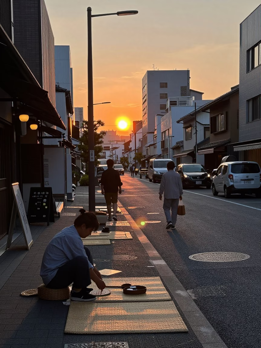 Osaka Street Scene at Sunset with Woven Mats and Stool in in Osaka, Japan