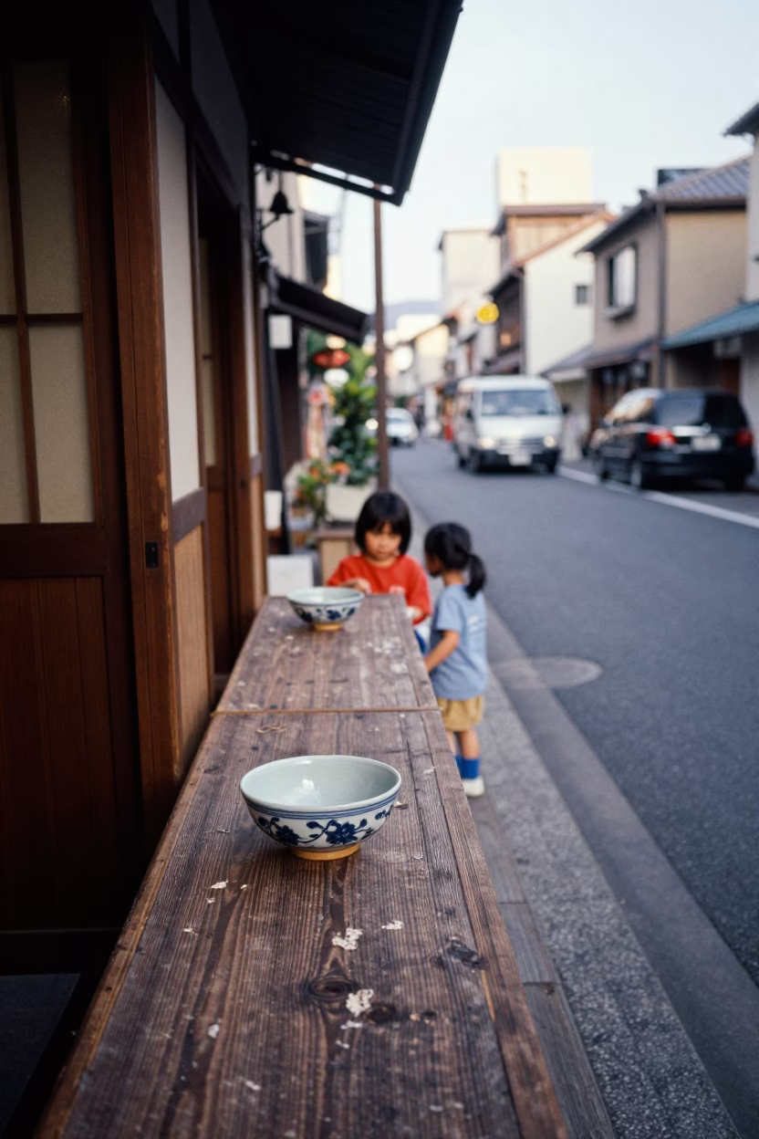 Osaka Street Scene Early Afternoon with Key Bowl and Spicy Bibim Guksu in in Osaka, Japan