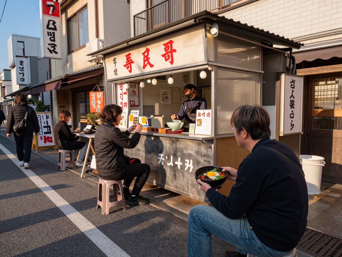 Osaka Street Scene Late Afternoon with Bibimbap Bowl and Chili Peppers in in Osaka, Japan