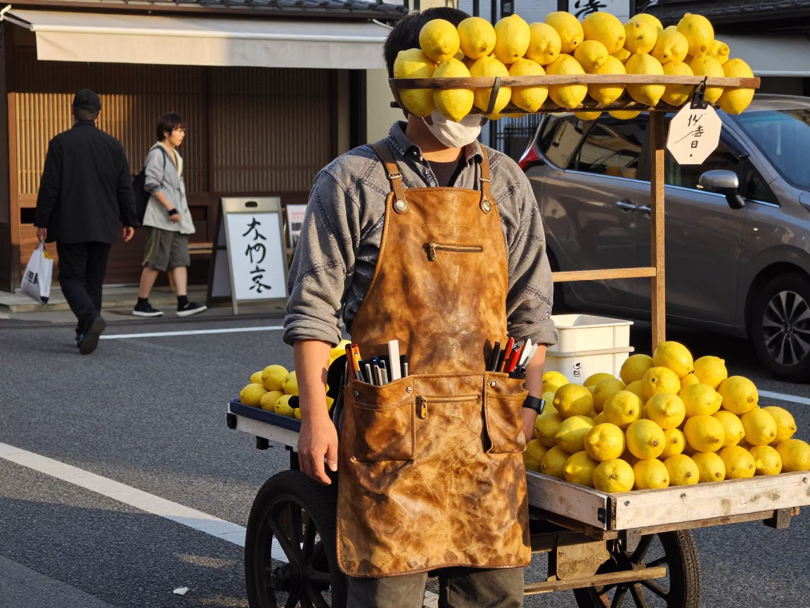 Osaka Street Scene Late Afternoon with Lemon Vendor and Tool Apron in in Osaka, Japan