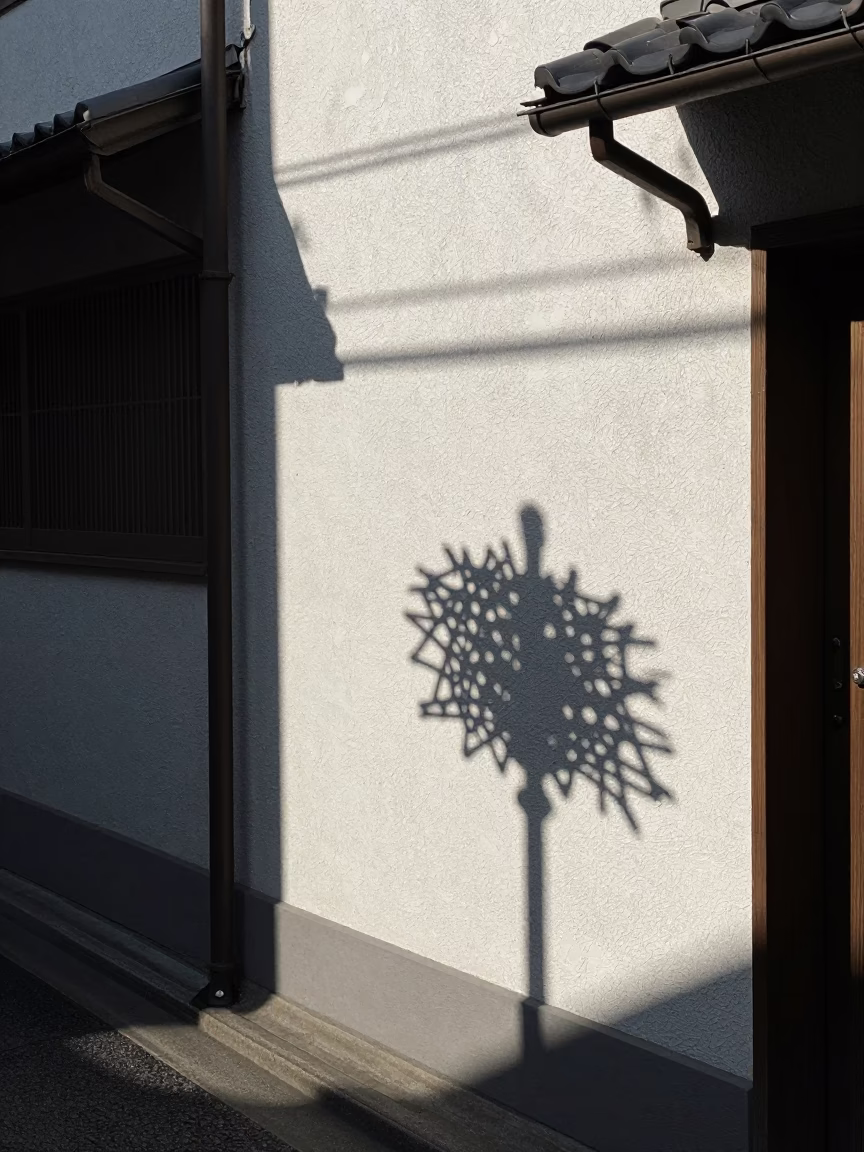 Osaka Street Scene Late Morning with Wicker Shadow on Plaster and Sencha in in Osaka, Japan