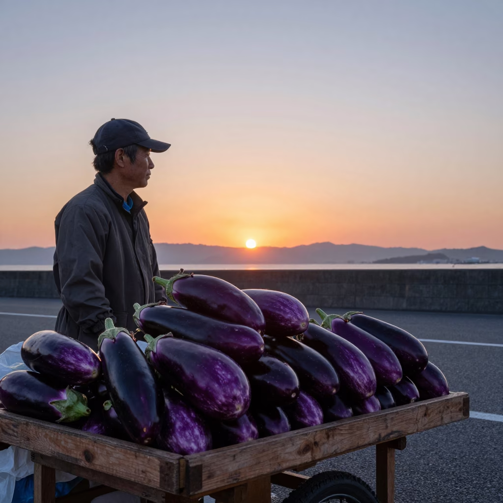 Osaka Street Vendor Evening Sale of Fresh Eggplants Near Dusk in in Osaka, Japan