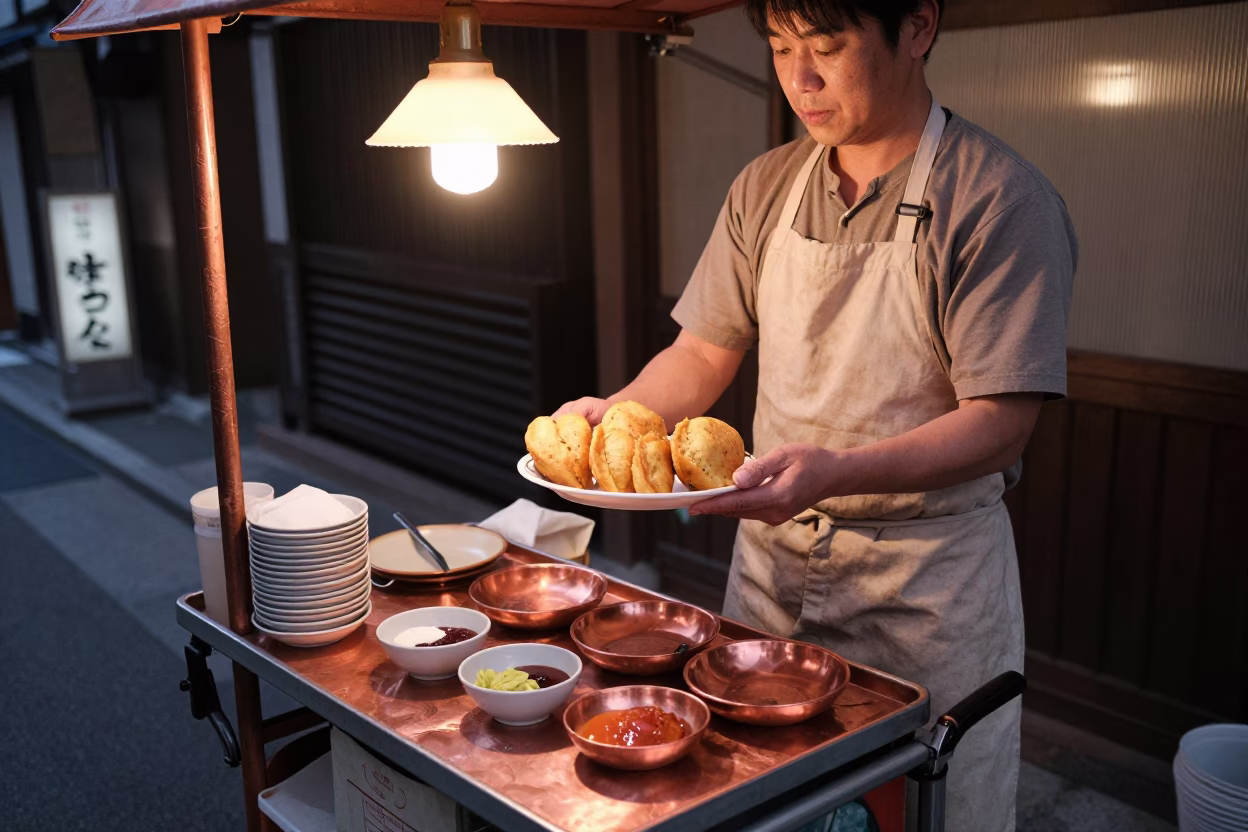 Osaka Street Vendor Serving Aloo Tikki with Chutneys in Copper Toned Dusk Light in in Osaka, Japan