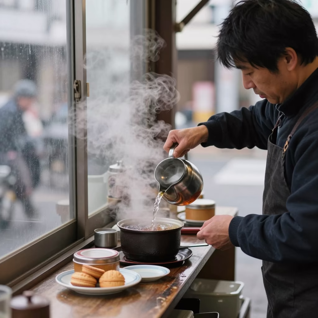 Osaka street vendor serving hot tea with steam rising from kettle in in Osaka, Japan
