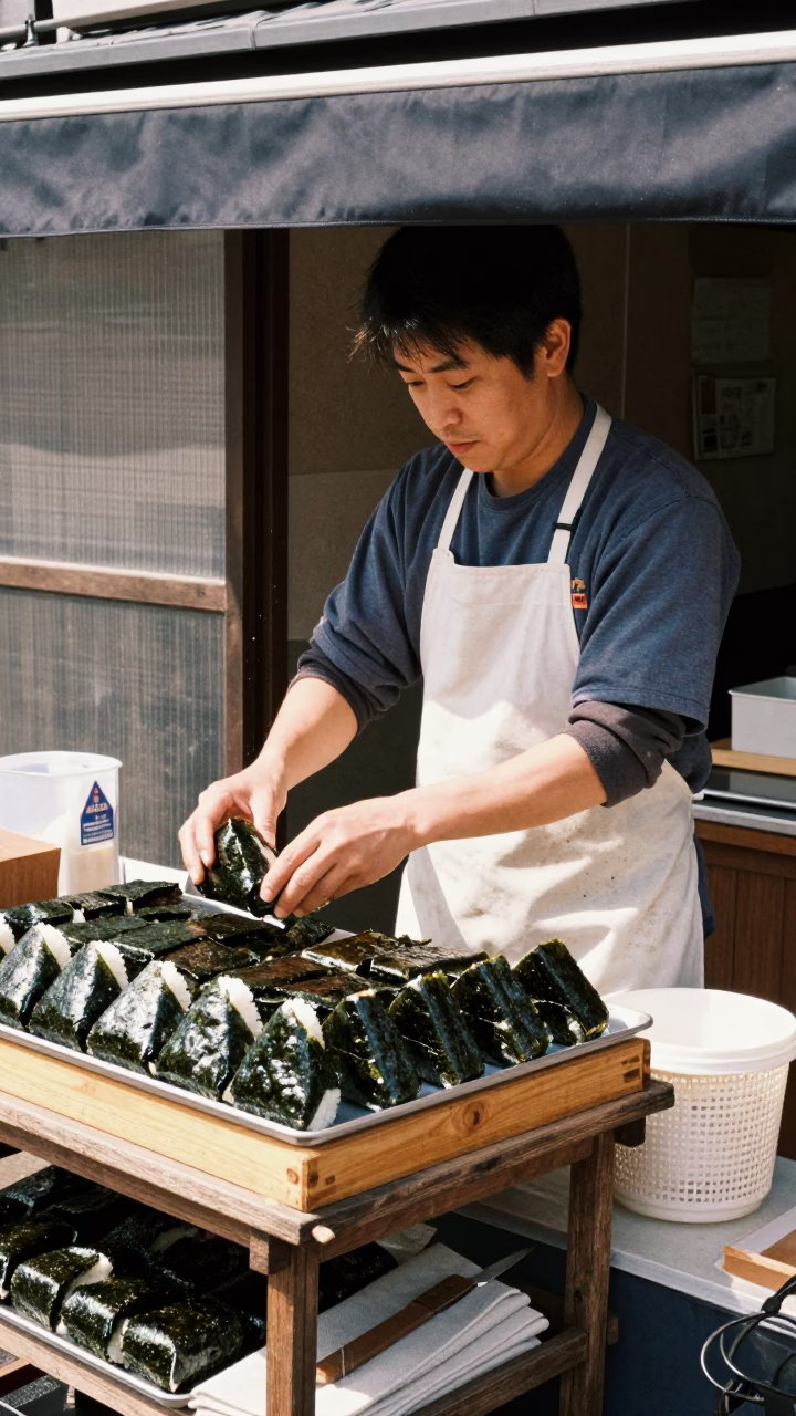 Osaka Street Vendor Serving Onigiri Wrapped in Nori in Bright Midmorning Light in in Osaka, Japan