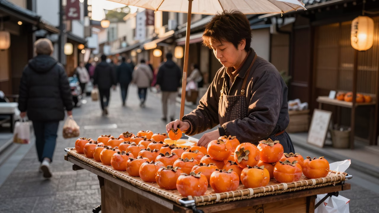 Osaka Street Vendor Serving Persimmons in Honeyed Evening Light in in Osaka, Japan