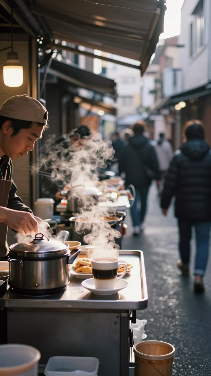 Osaka street vendor serving steaming breakfast under morning light in in Osaka, Japan