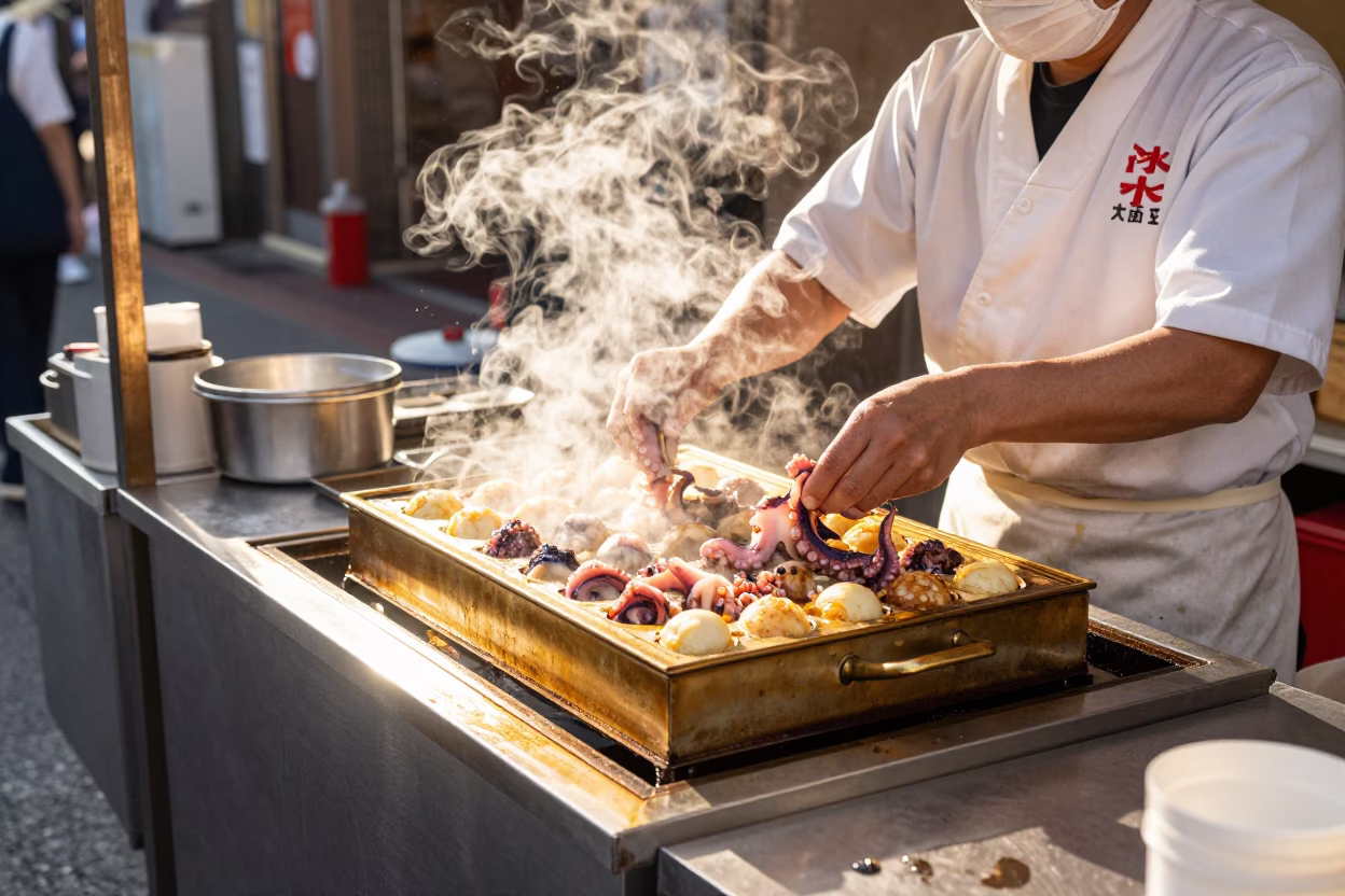 Osaka Street Vendor Serving Takoyaki with Brass Drain and Magnolia Bloom in in Osaka, Japan