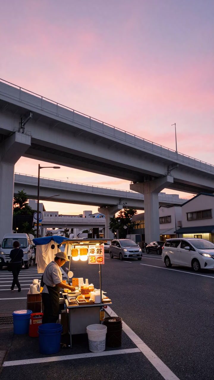 Osaka Sunset Street Scene with Highway Flyover and Local Diner Details in in Osaka, Japan