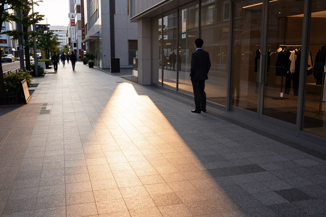 Osaka Sunset Street Scene with Sunlight Striking Tile Grout and Urban Details in in Osaka, Japan