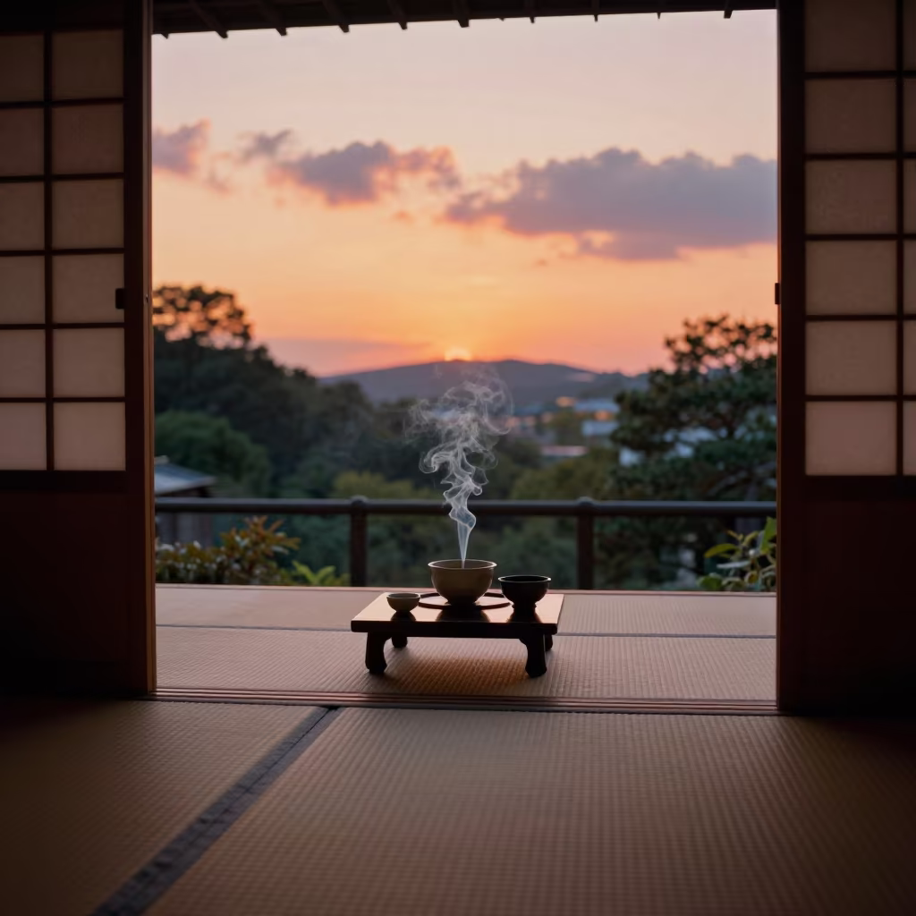 Osaka Tea Ceremony Smoke Sunset in in a tatami tea room in Osaka