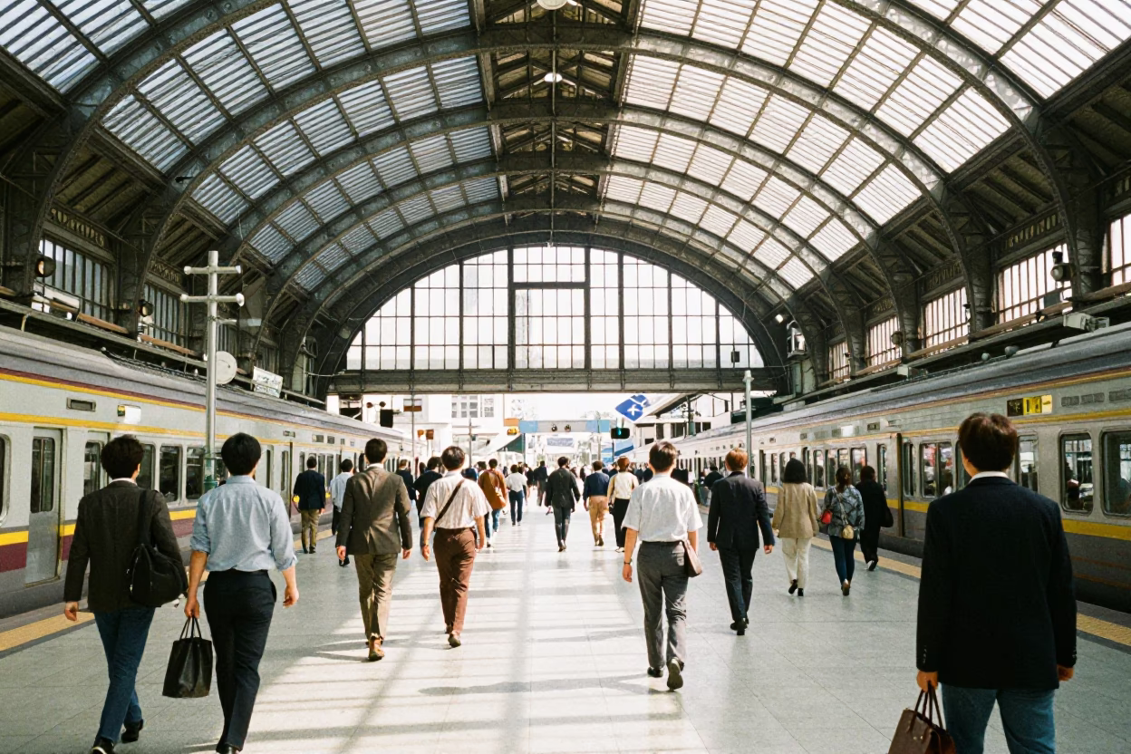 Osaka Train Station Arched Roof Midmorning Light Realistic Street Photography in in Osaka, Japan