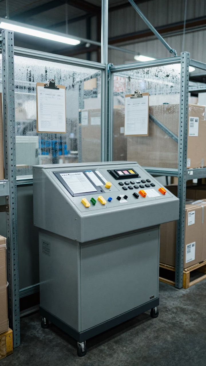 Osaka Warehouse Dock Fan Control Pedestal Winter in at a fulfillment packing station in Osaka