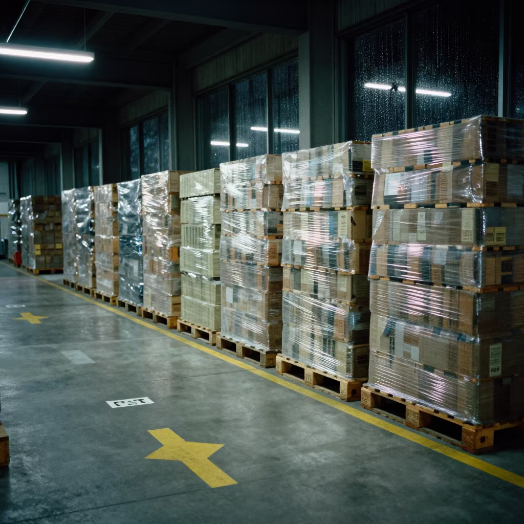 Osaka Warehouse Floor Arrows Night Monsoon in inside a fulfillment packing zone in Osaka