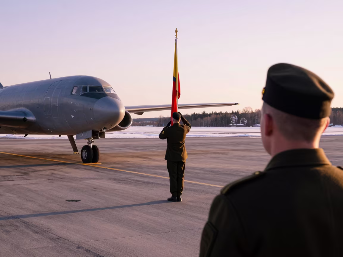 Oslo Airbase Flag Ceremony Evening Light in along an airbase flight line in Oslo