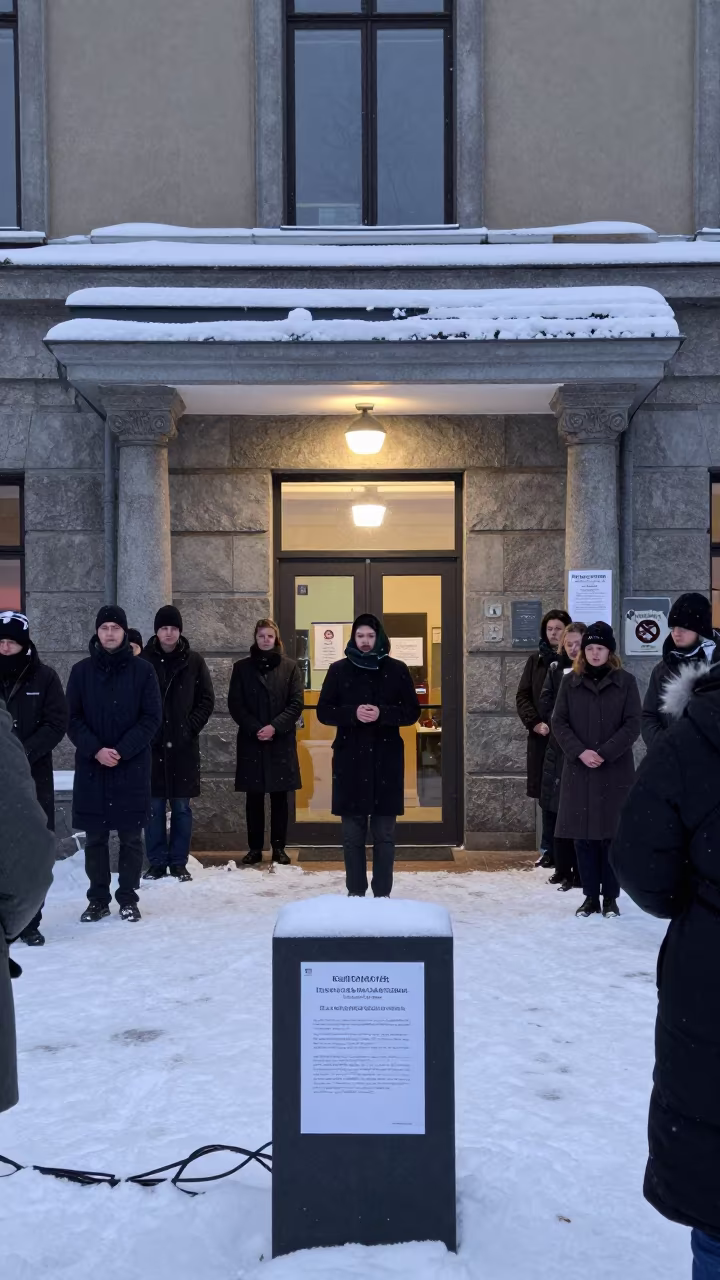 Oslo Civic Memorial Ceremony in Drifting Winter Snow in outside a polling station entrance in Oslo