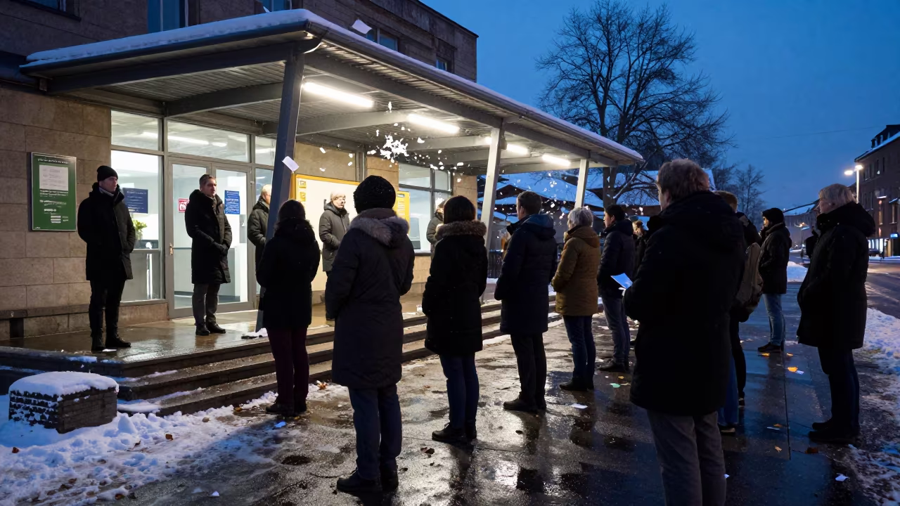 Oslo Civic Memorial Ceremony in Winter Snow in outside a polling station entrance in Oslo