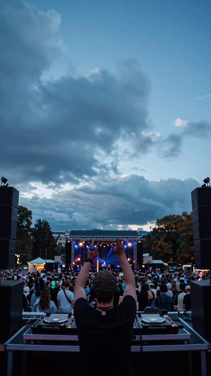 Oslo Festival DJ Booth Blue Hour Hands in at a public square during a festival in Oslo