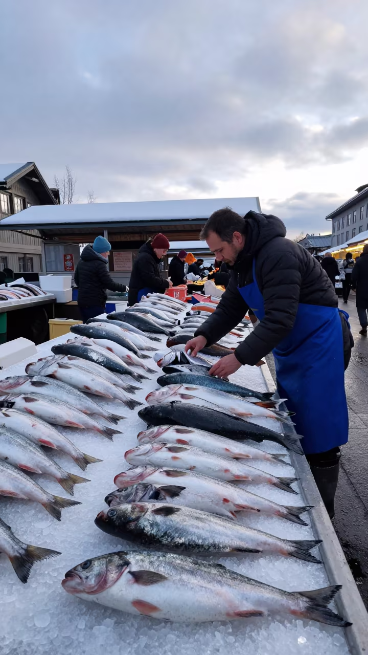 Oslo Fish Market Vendor Arranging Winter Catch in at a market stall in Oslo