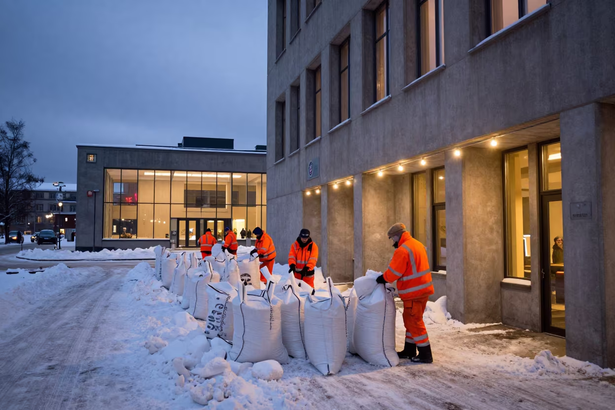 Oslo Snow Crew Loads Salt Bags in Courthouse in in a courthouse corridor in Oslo