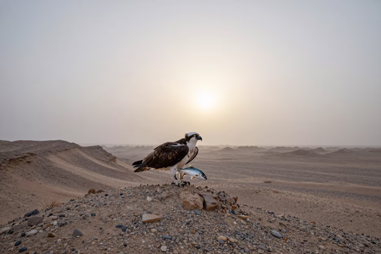 Osprey with Fish on Gobi Ridge at Dawn in on a wind-scoured ridge in the Gobi Desert
