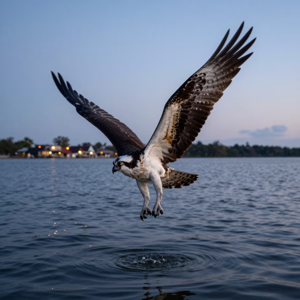 Osprey Plunges Into Lake At Cuban Twilight in in Cuba