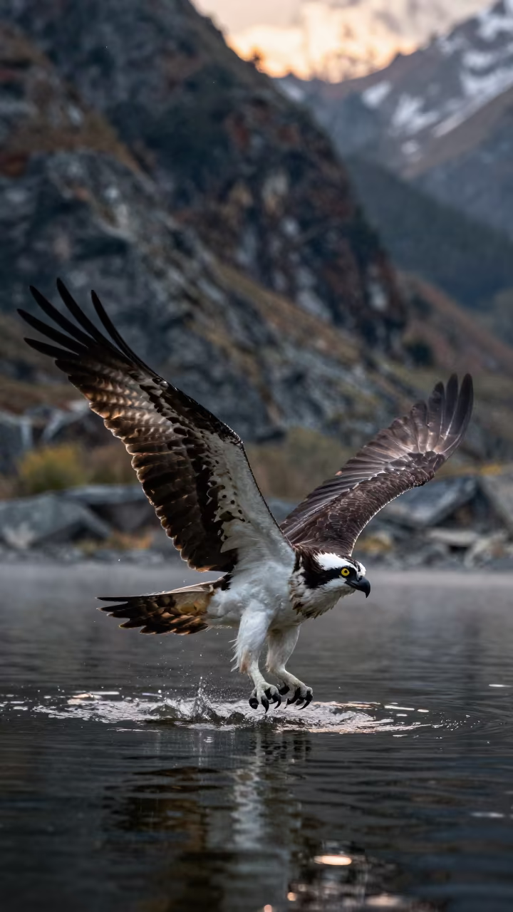 Osprey Plunges Into Lake Under Starlight in on a wind-scoured ridge in Himachal Pradesh