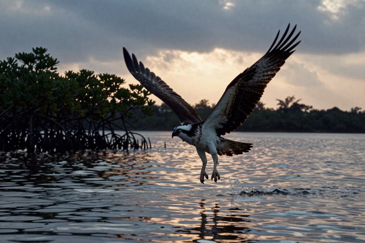 Osprey Plunging Into Lake at Sunset in beside a tidal inlet near Phnom Penh