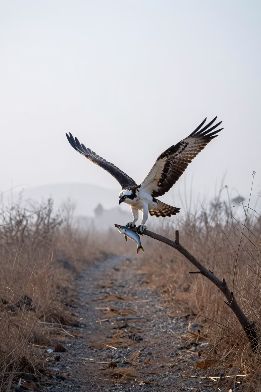 Osprey with Fish in Dawn Fog Yunnan in along a game trail in Yunnan