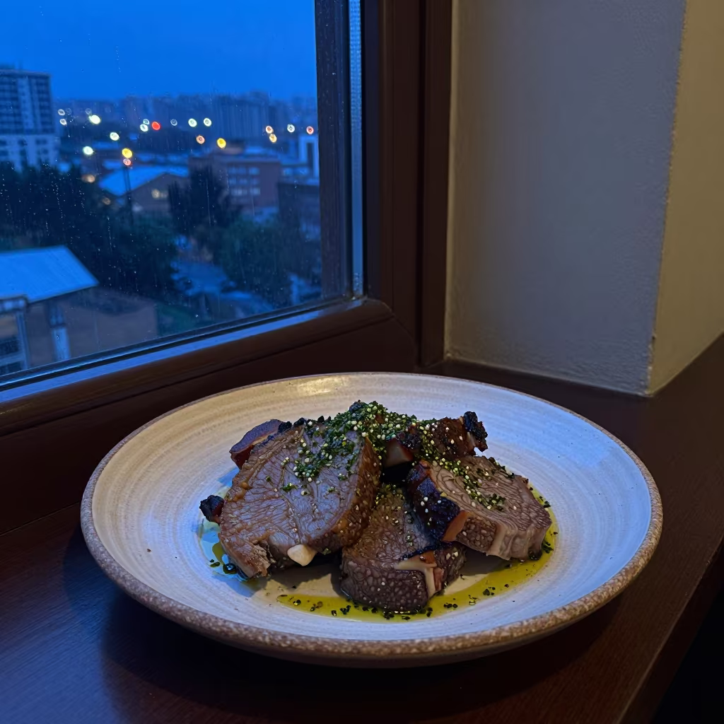 Osso Buco with Gremolata on Ceramic Plate in on a ceramic plate by a window in Kitwe