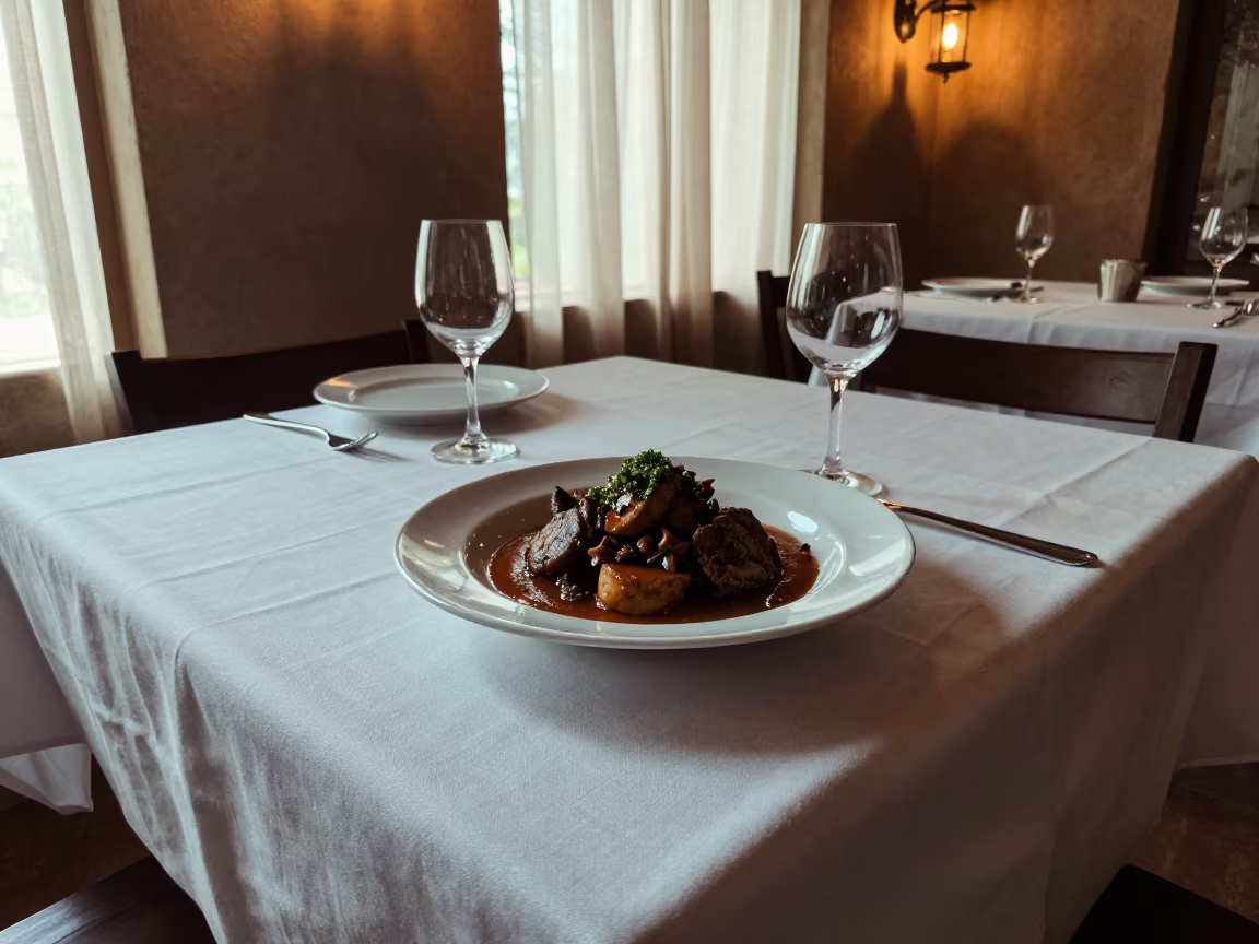 Osso Buco with Gremolata on Linen Table in Sigiriya in on a linen-covered restaurant table in Sigiriya