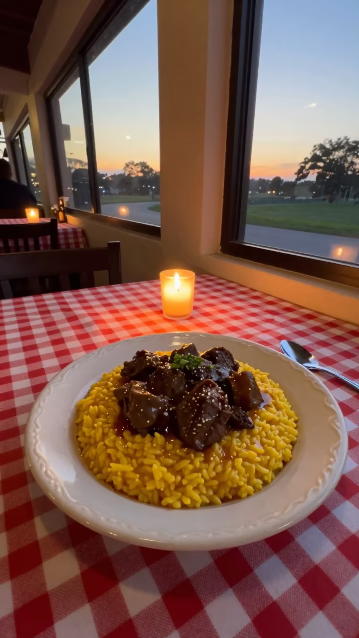 Osso Buco and Saffron Risotto in Maracay Diner in at a roadside diner table in Maracay