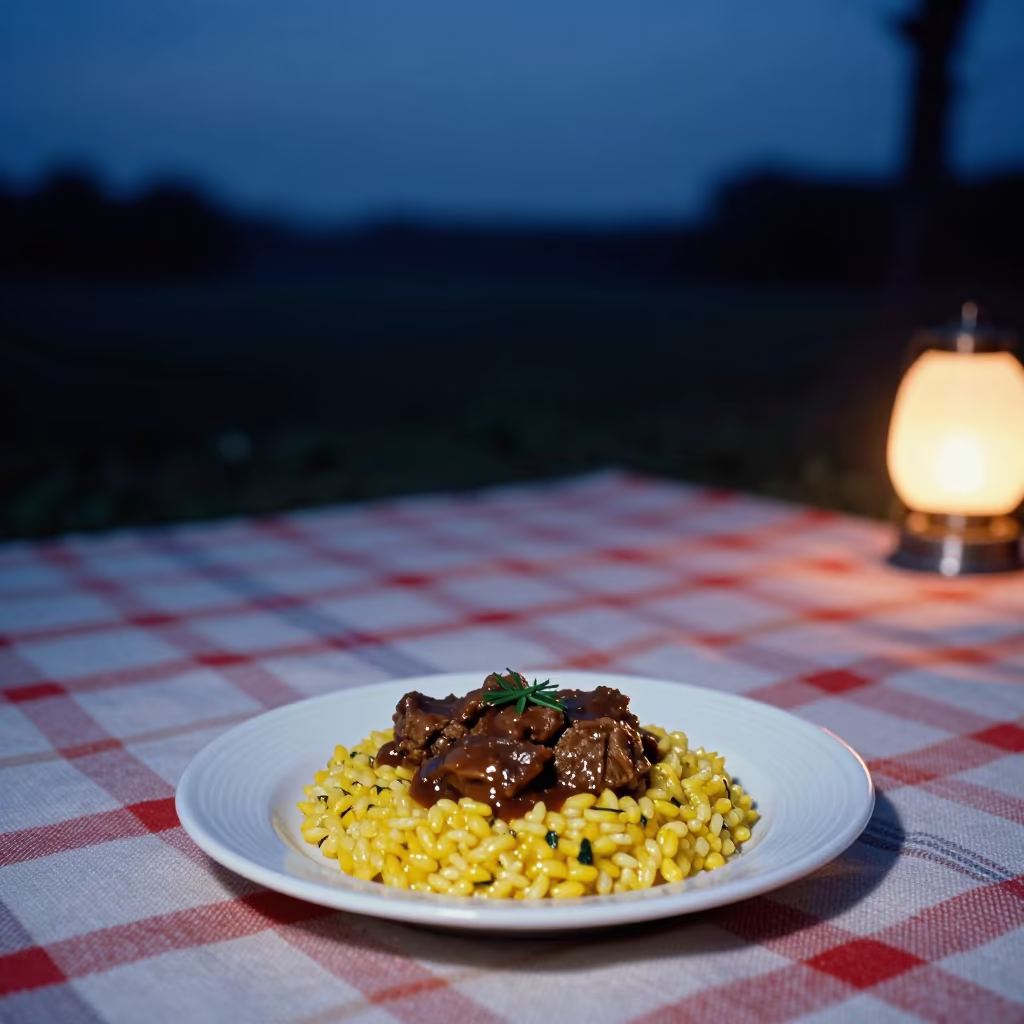 Osso Buco and Saffron Risotto on Picnic Blanket in on a picnic blanket in Keur Massar Nord