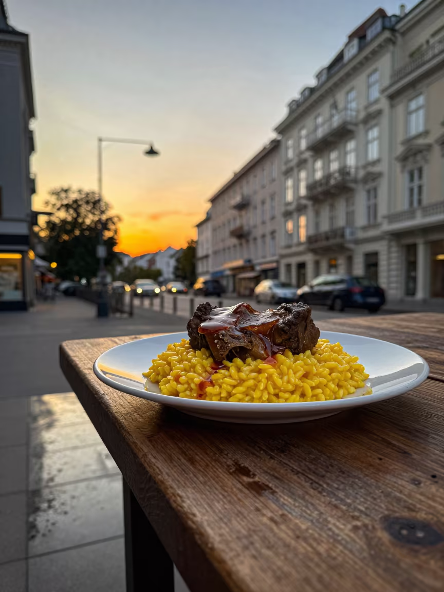 Osso Buco Saffron Risotto Vienna Table in on a rustic wooden table in Vienna