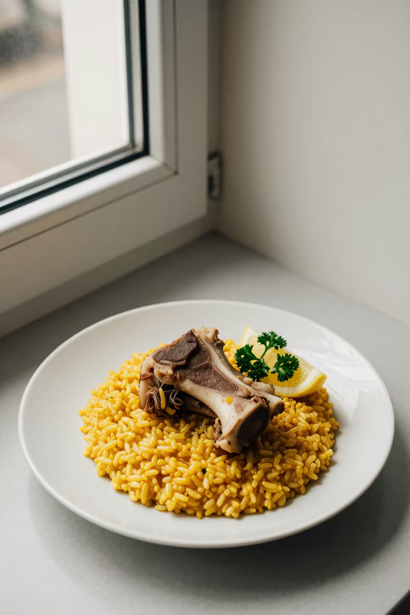 Osso Buco Saffron Risotto Window Light Shenzhen in on a ceramic plate by a window in Shenzhen