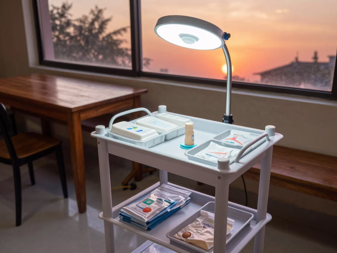 Ostomy Teaching Cart on Cafe Table at Dusk in on a cafe table by a window in Rohtak