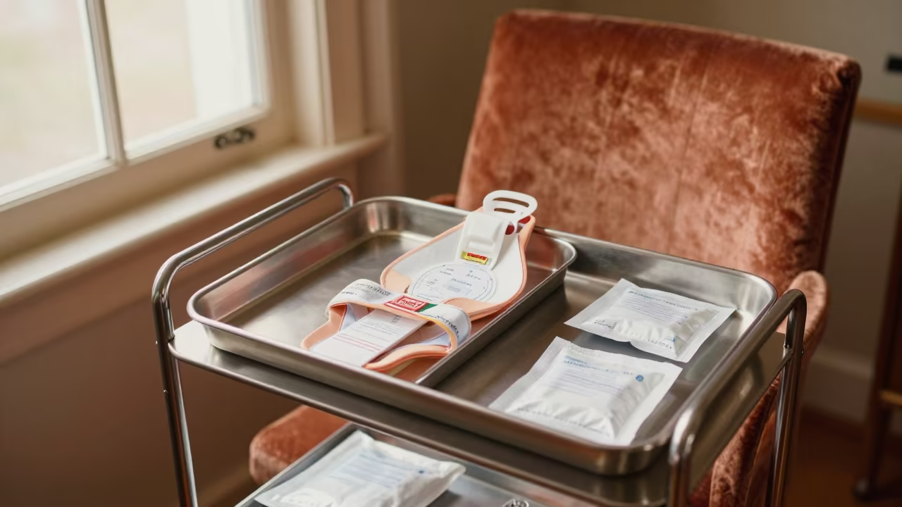 Ostomy Teaching Model Cart in Copper Window Light in on a velvet chair near Annaba