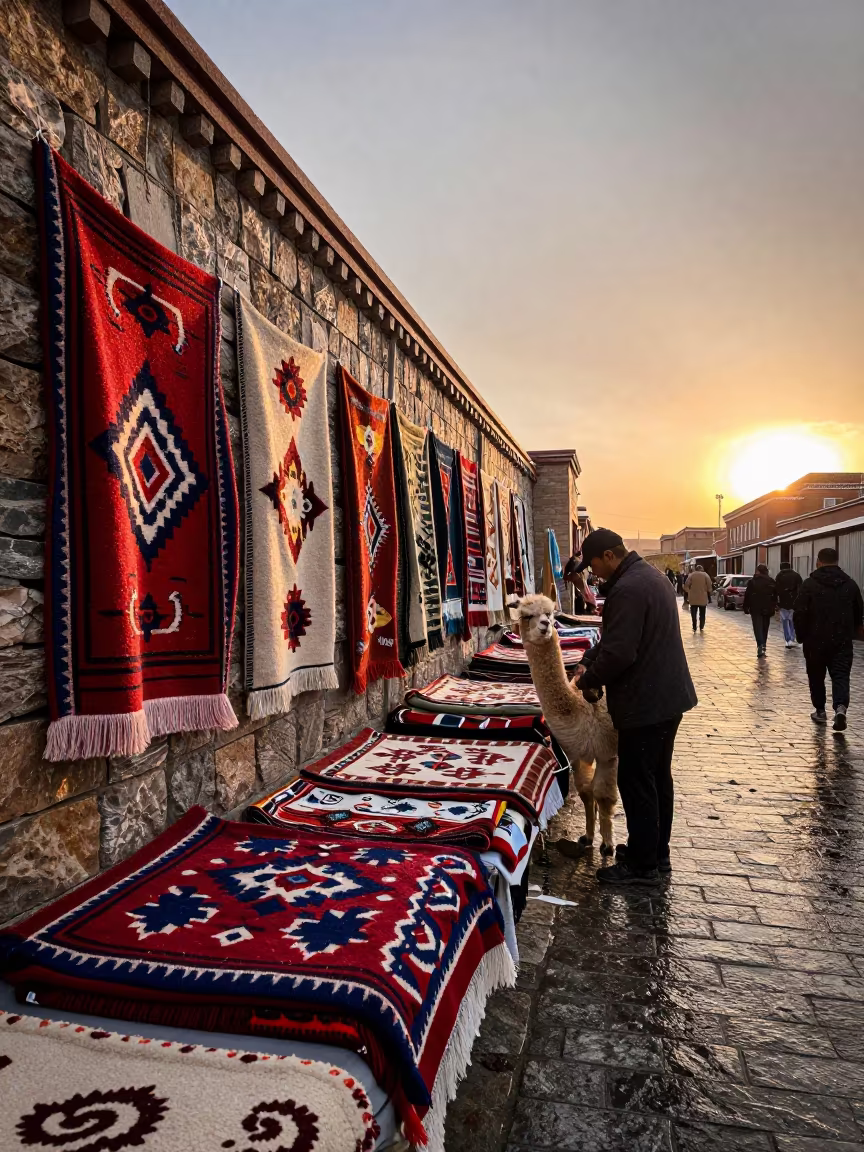 Otavalo Alpaca Blankets on Hohhot Stone Wall Sunset in in a flea market lane in Hohhot